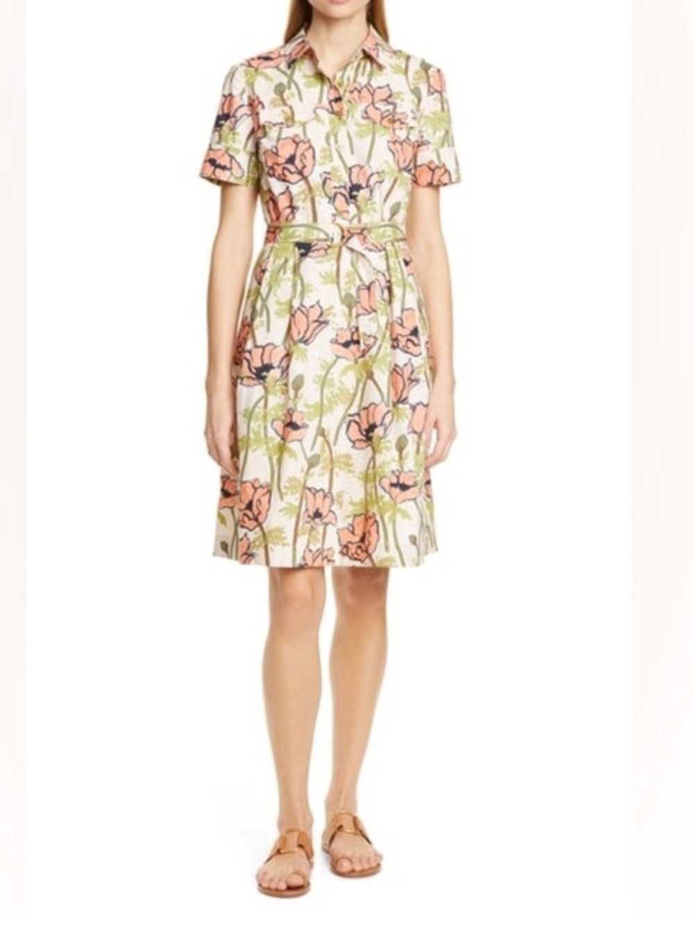 Tory Burch Cream Floral Shirt Dress with Pink and Green Accents Size 2